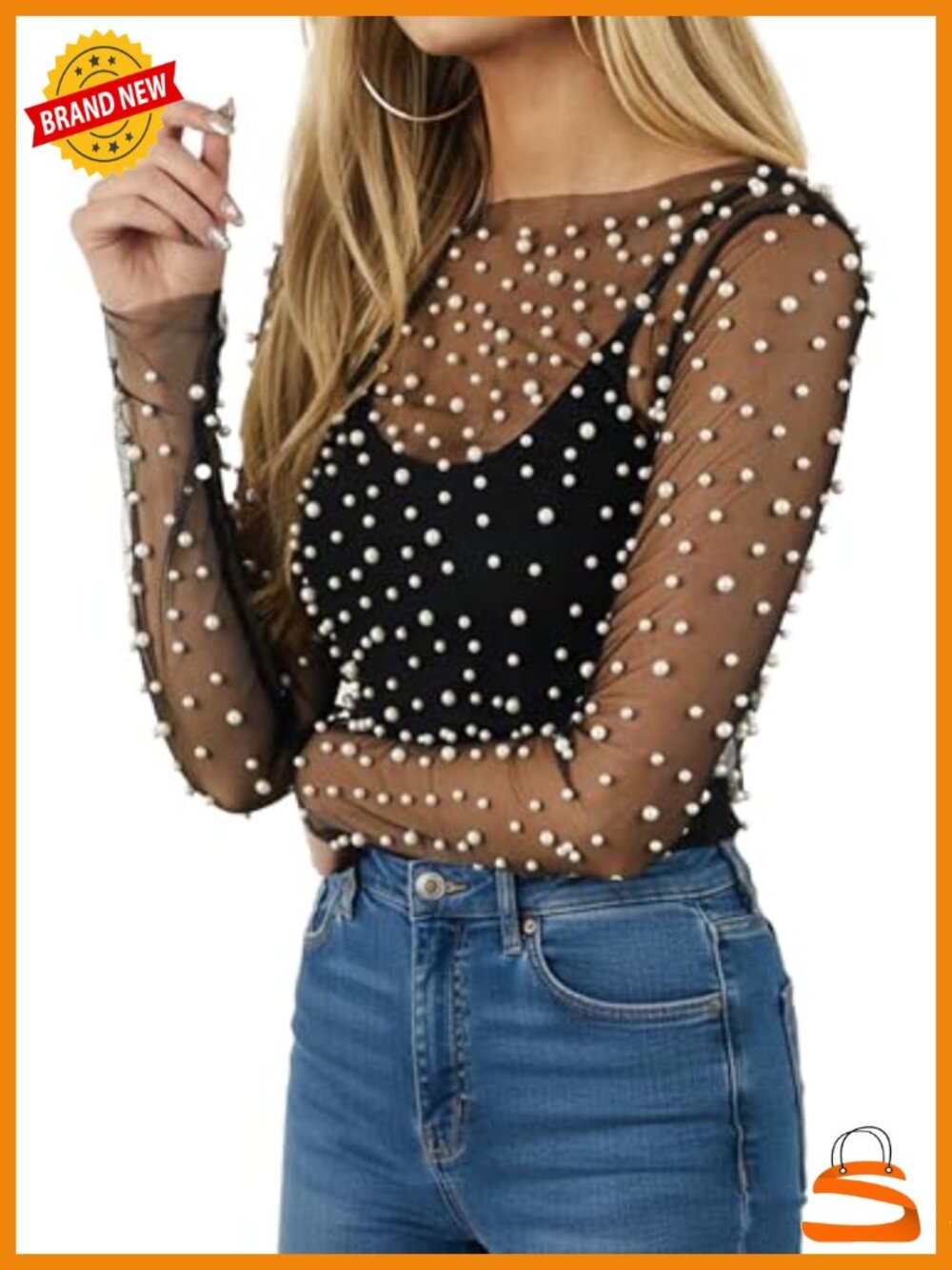 Pearl Rhinestone Sheer Mesh Crop Tee Top See Through T-Shirt